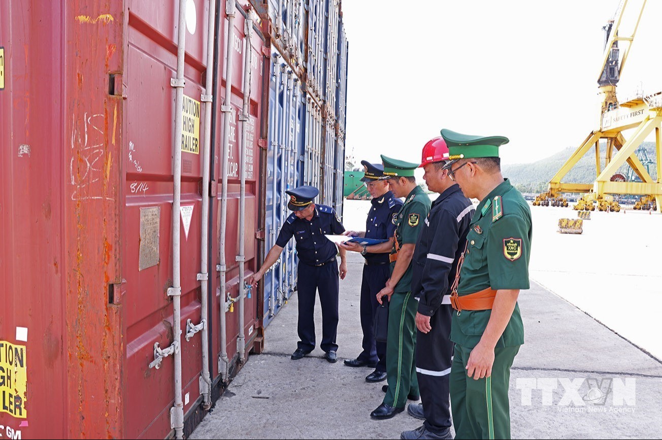 Cán bộ hải quan kiểm tra, giám sát hàng nhập khẩu tại cảng Quy Nhơn, tỉnh Gia Lai. (Ảnh: Vũ Sinh/TTXVN)
